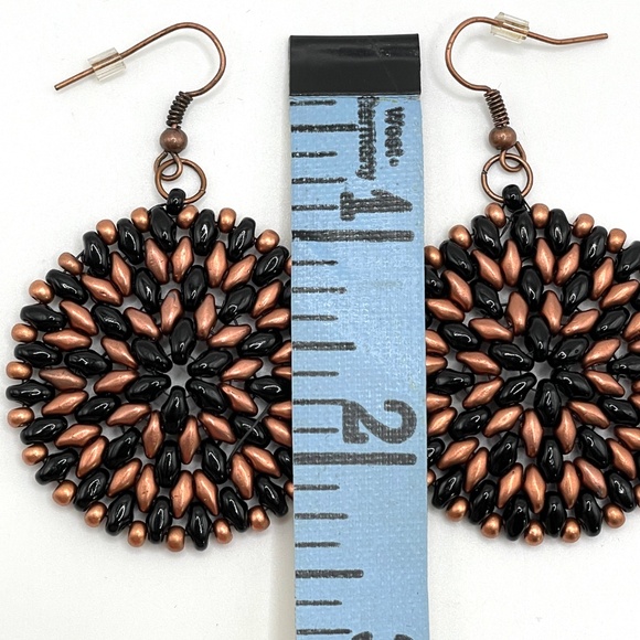 Czech Glass Hand Stitched Beaded Black & Copper Round Boho Pierced Earrings - Picture 8 of 9